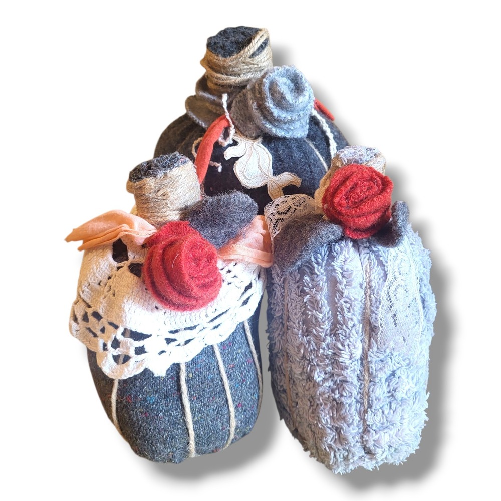 Handmade Fabric Pumpkins Set of 3 Gray Cream Burnt Orange Fall Rustic